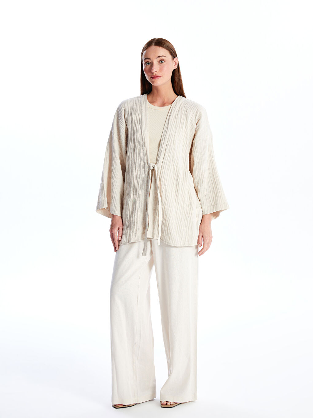 LCWAIKIKI Classic Ten Rengi Şal Yaka Düz Oversize Kadın Kimono - 2