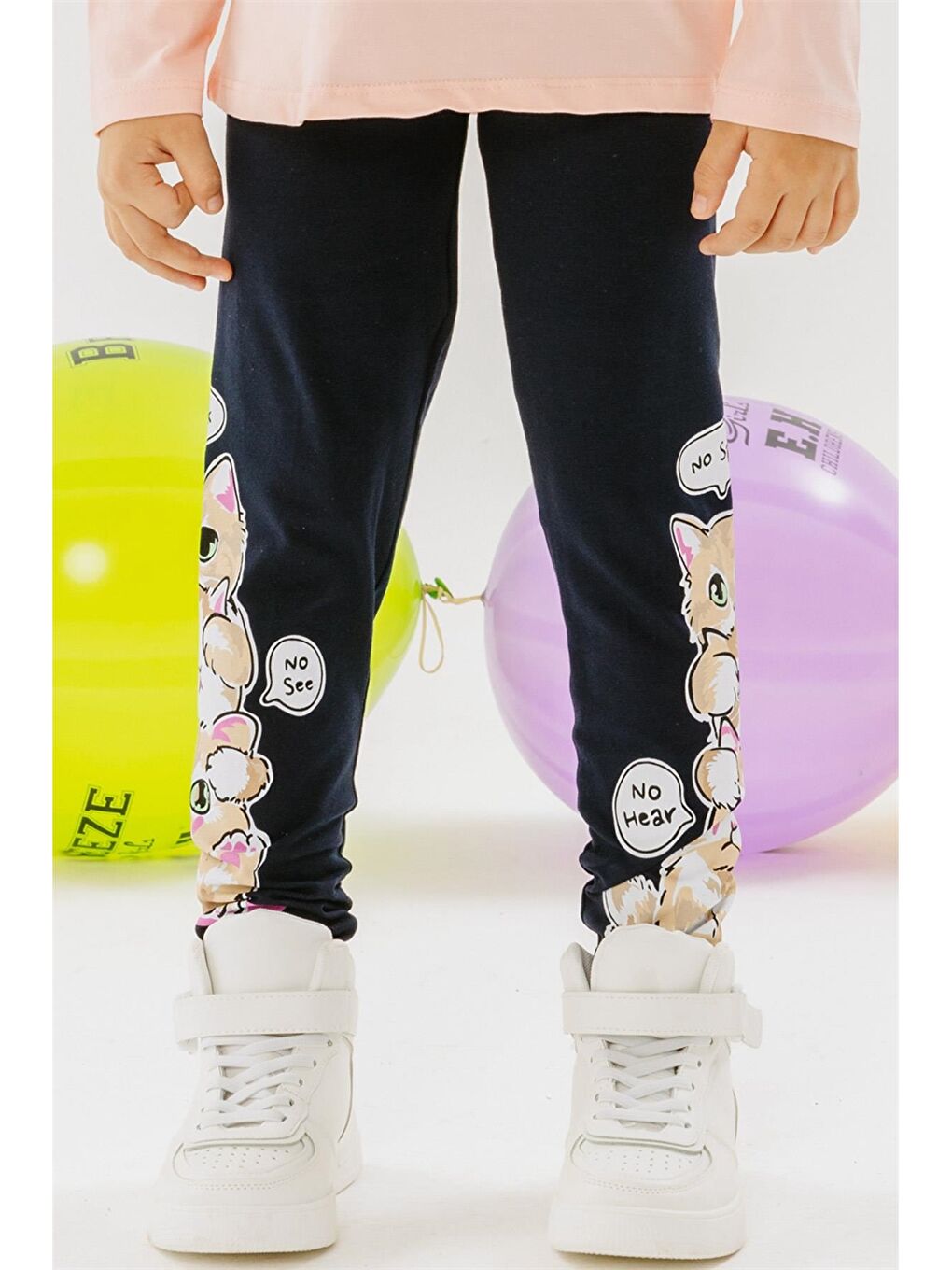 Siyah Beli Lastikli Baskılı Kız Çocuk Tayt