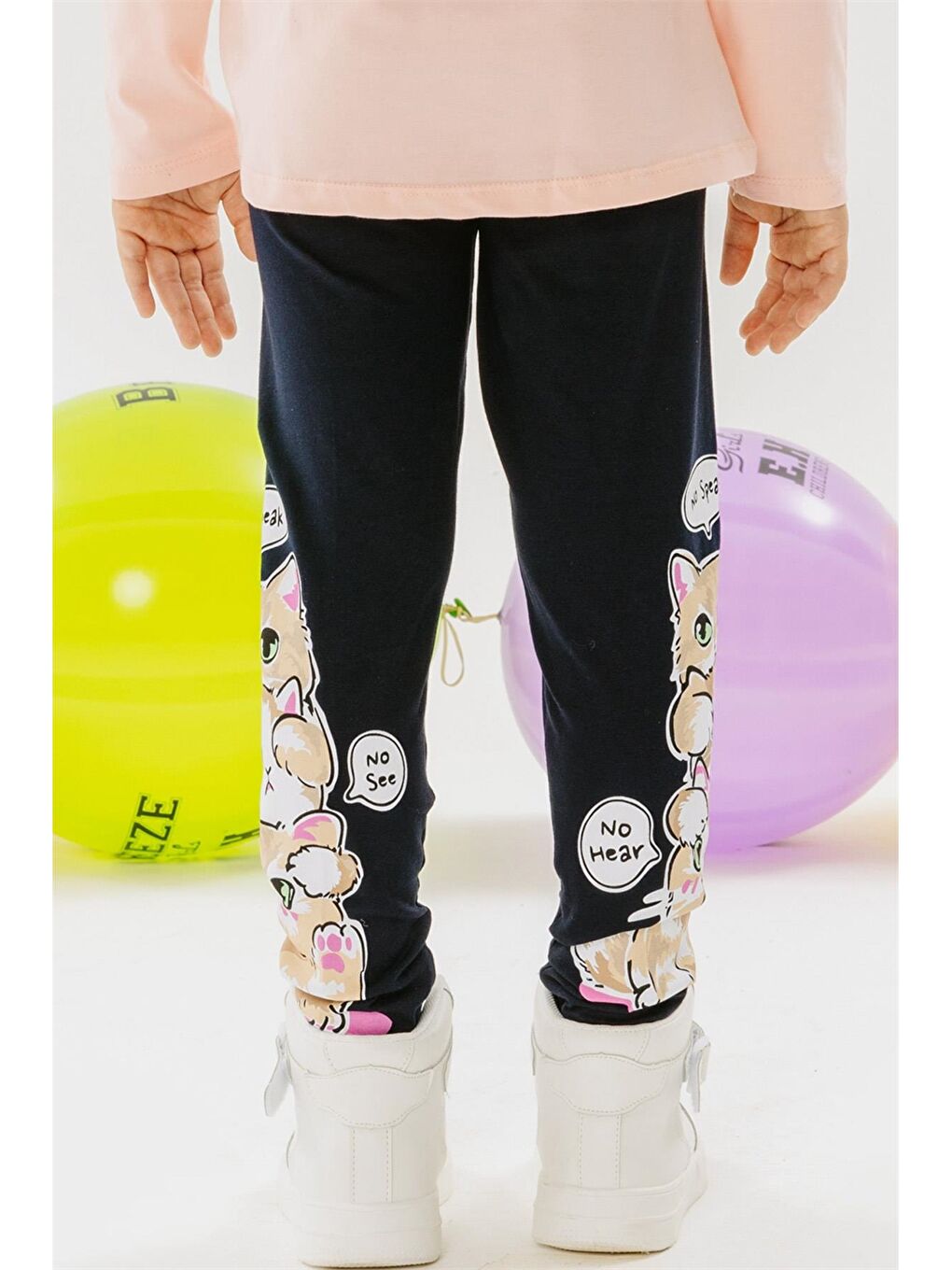 Siyah Beli Lastikli Baskılı Kız Çocuk Tayt-1