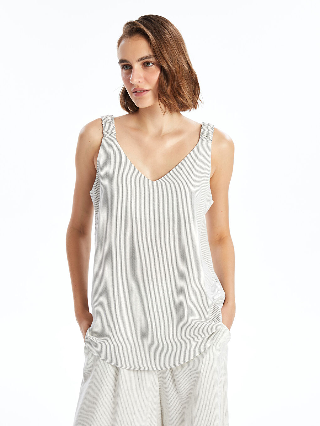 V-Neck Striped Linen Blend Women's Blouse -S4LE25Z8-LGS