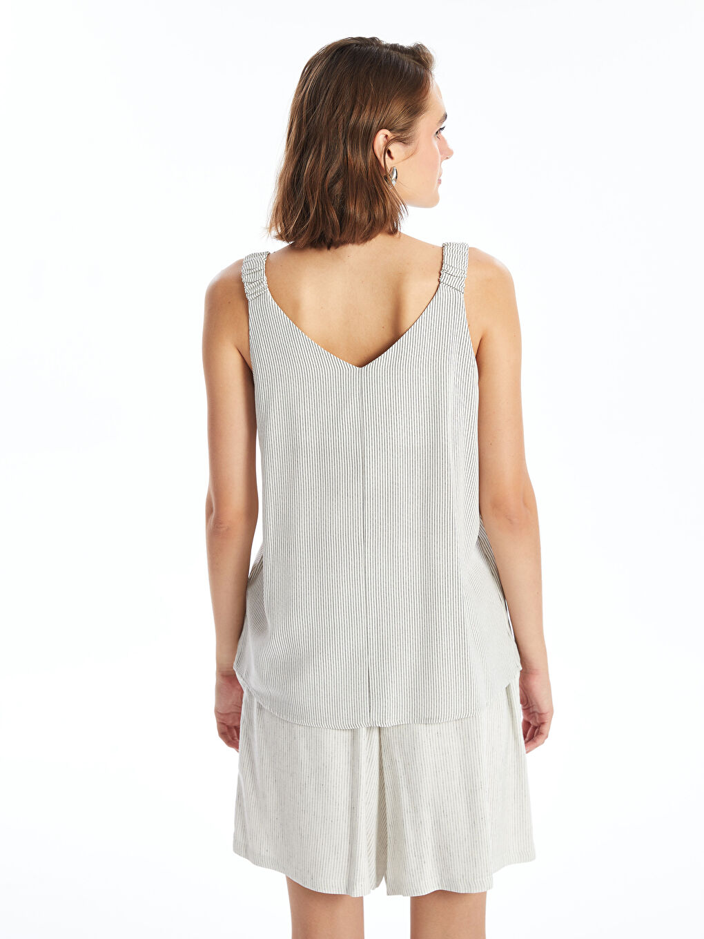 V-Neck Striped Linen Blend Women's Blouse -S4LE25Z8-LGS
