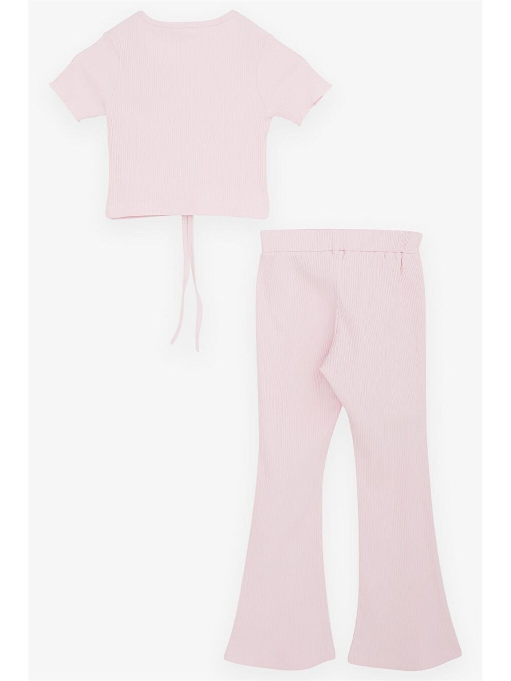 Pembe V Yaka Kısa Kollu Kız Çocuk Tişört ve Tayt 2'li Takım-1