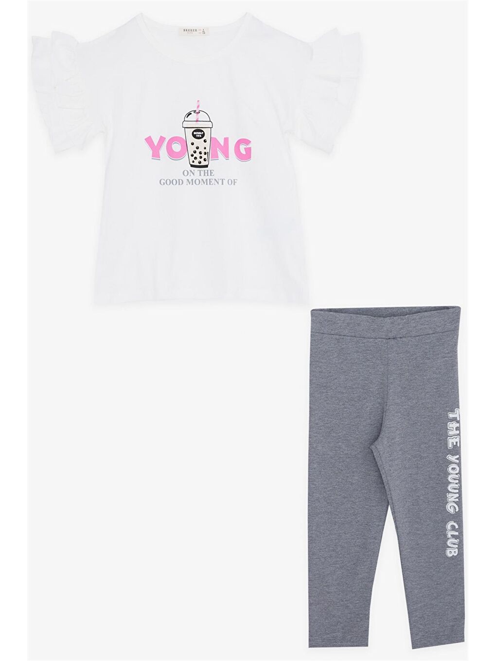 Ekru Bisiklet Yaka Baskılı Kısa Kollu Kız Çocuk Tişört ve Tayt  2'li Takım