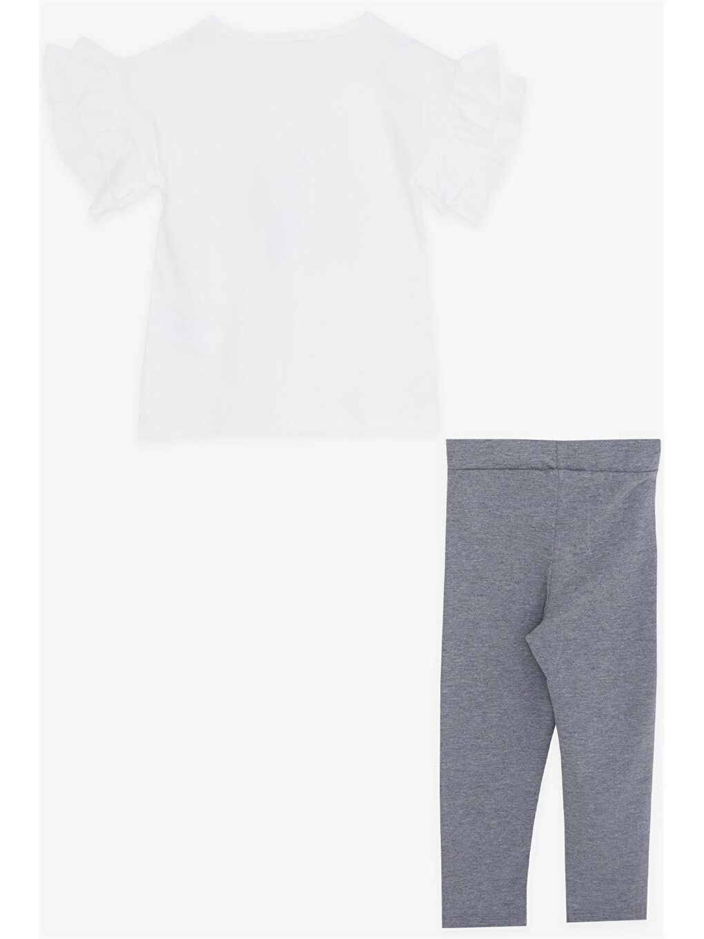 Ekru Bisiklet Yaka Baskılı Kısa Kollu Kız Çocuk Tişört ve Tayt  2'li Takım-1