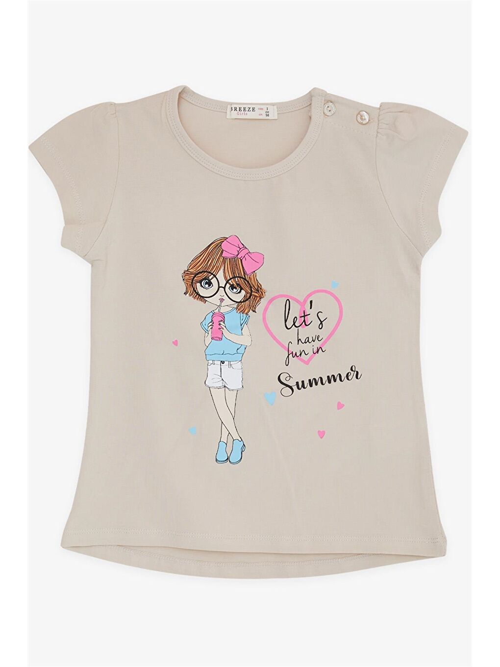 Bej Bisiklet Yaka Kısa Kollu Kız Bebek Tişört