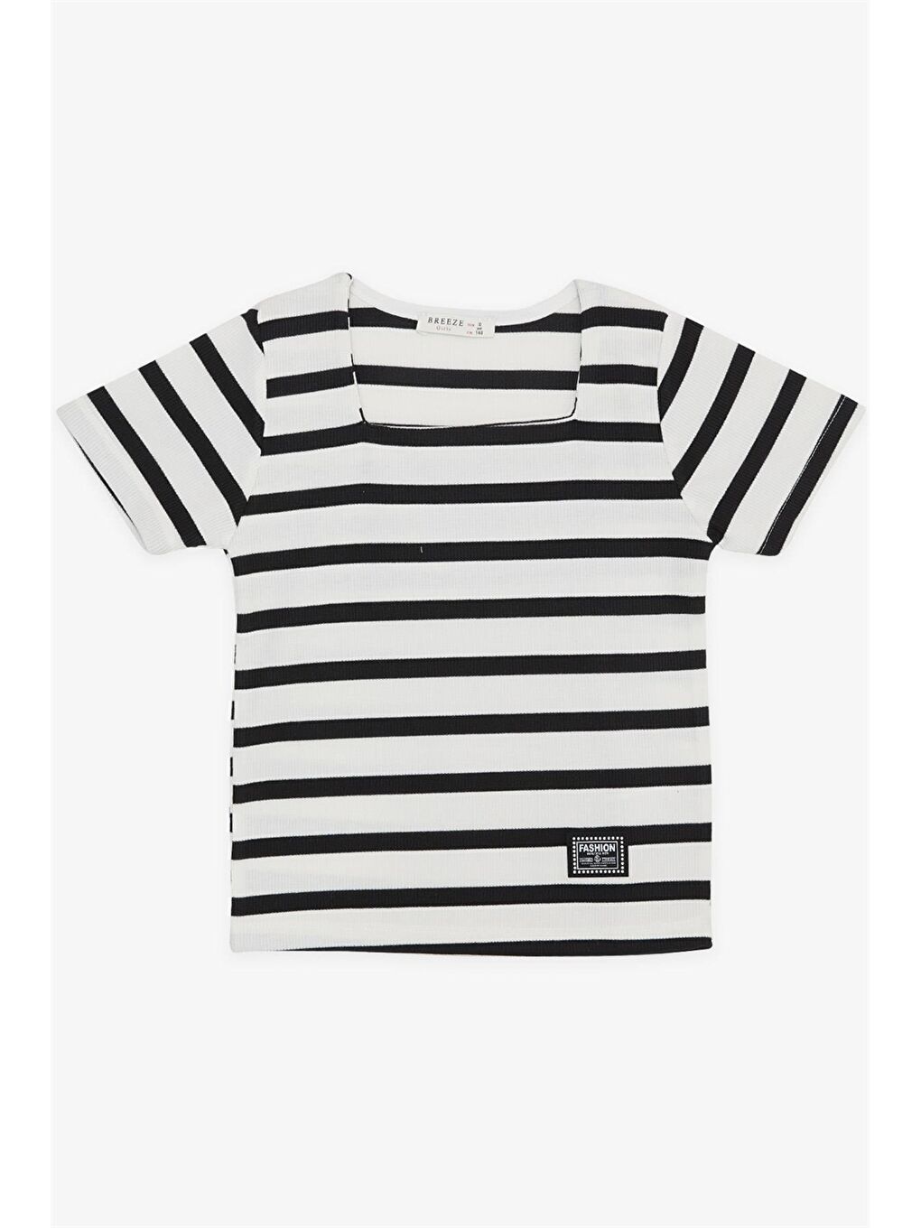 Ekru Kare Yaka Çizgili Kız Çocuk Tişört