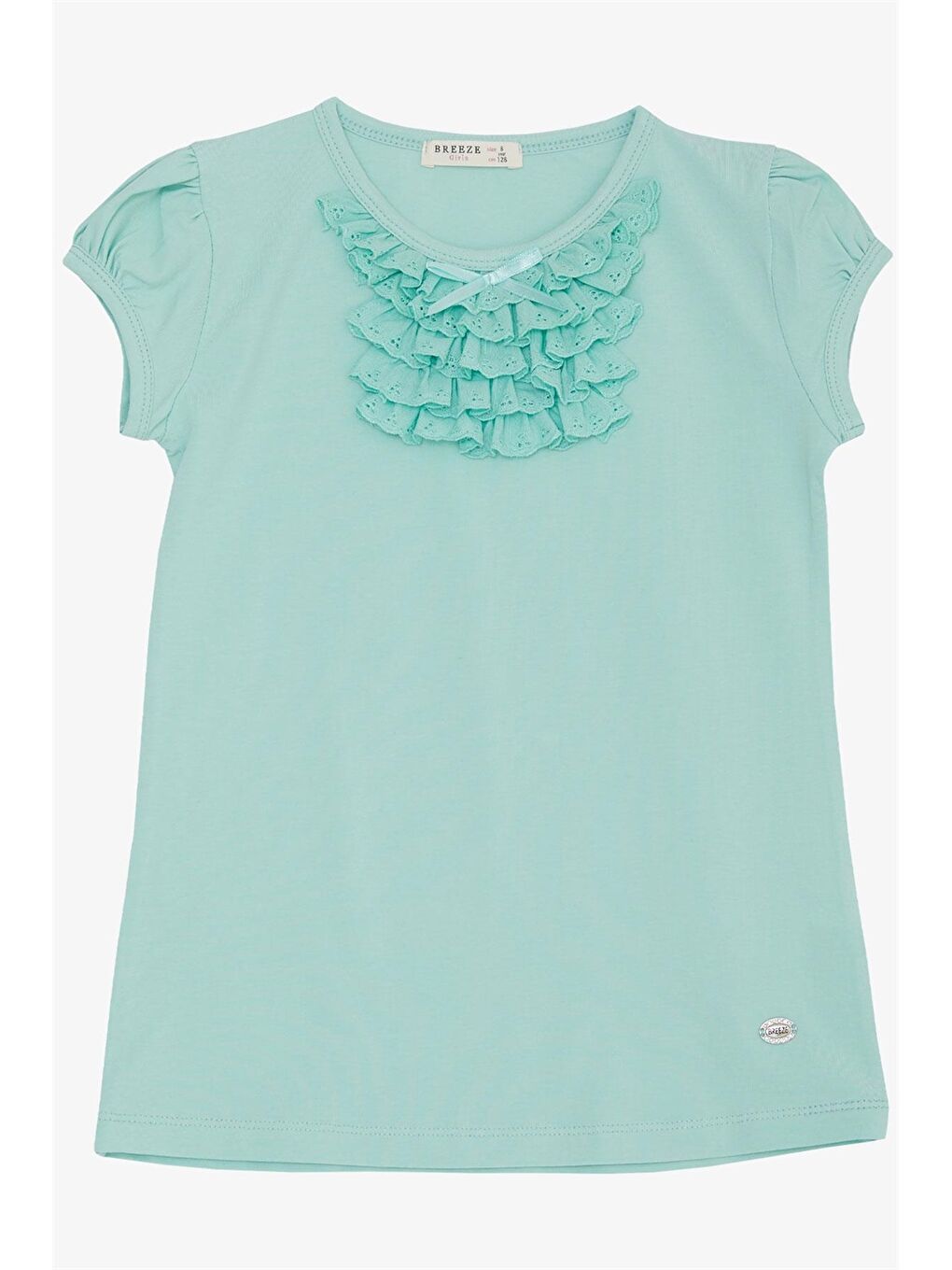 Turkuaz Bisiklet Yaka Nakışlı Kız Çocuk Tişört