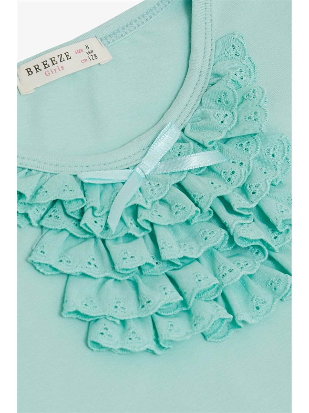 Turkuaz Bisiklet Yaka Nakışlı Kız Çocuk Tişört-2