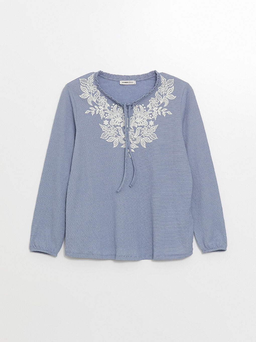 Mavi Bağlamalı Yaka Nakışlı Uzun Kollu Kadın Bluz-5