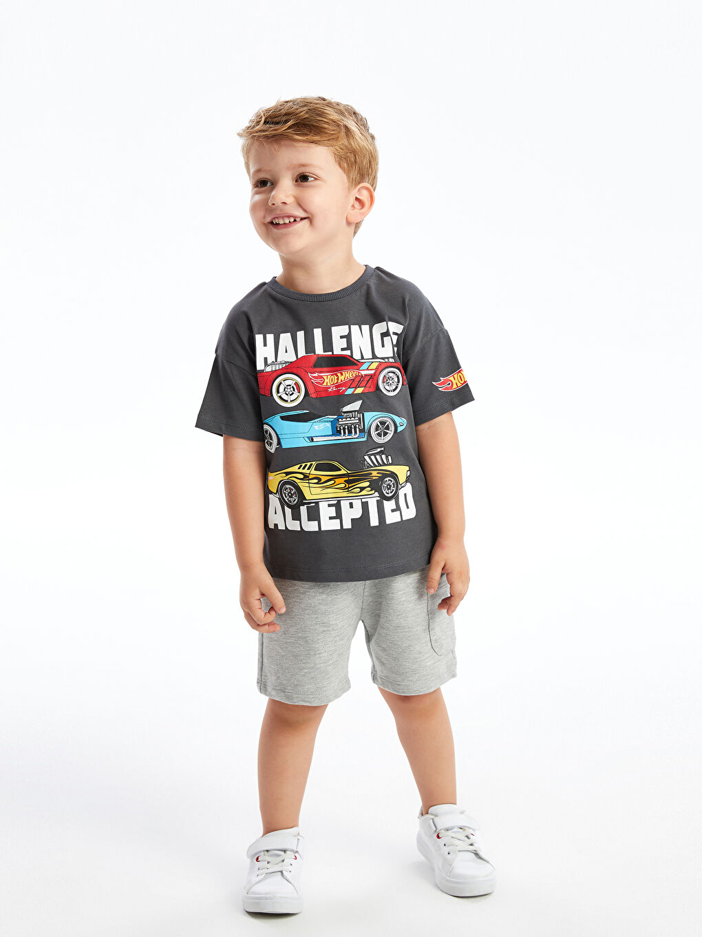 Antrasit Bisiklet Yaka Kısa Kollu Hot Wheels Baskılı Erkek Bebek Tişört-1