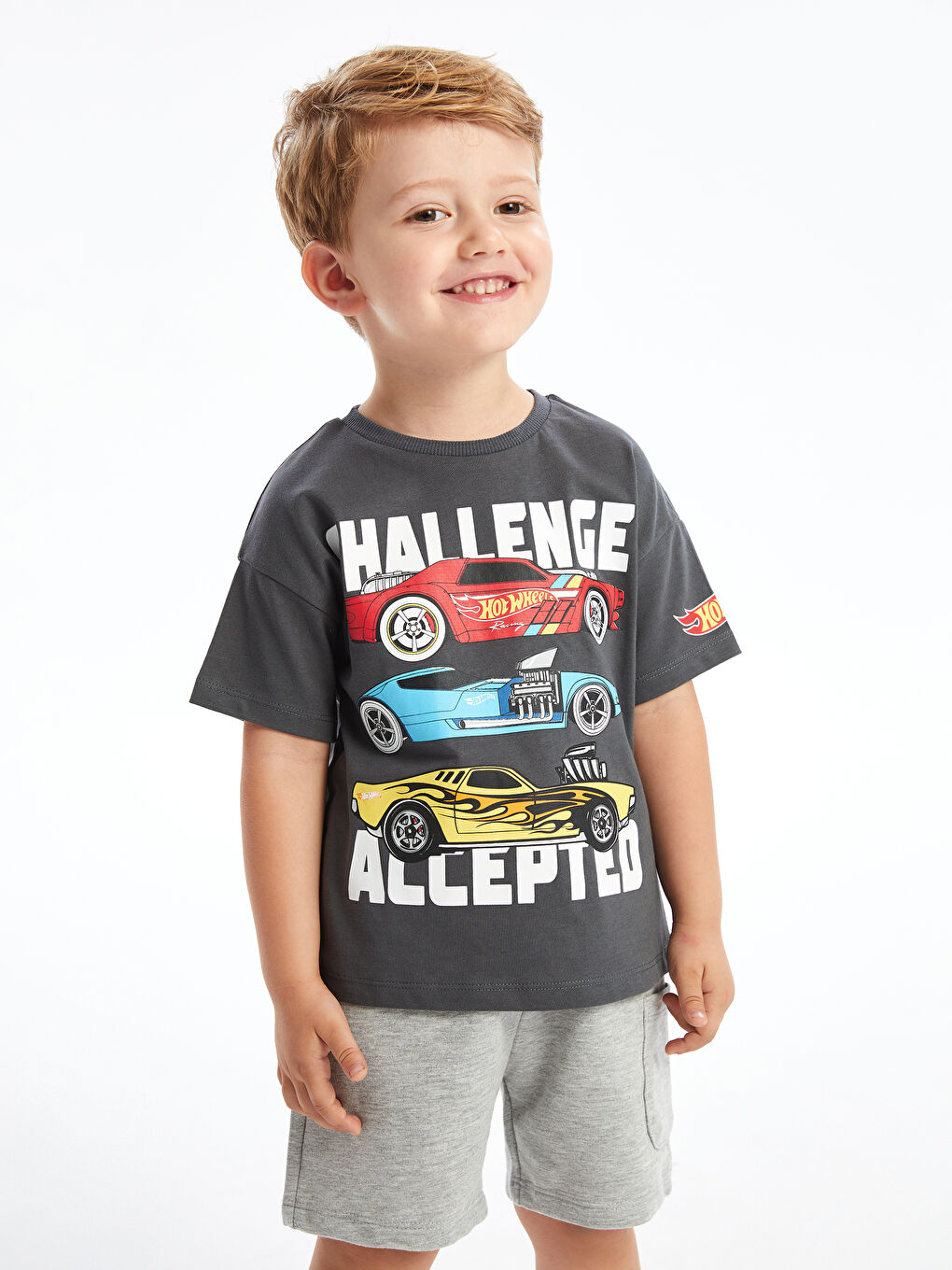 Antrasit Bisiklet Yaka Kısa Kollu Hot Wheels Baskılı Erkek Bebek Tişört-2