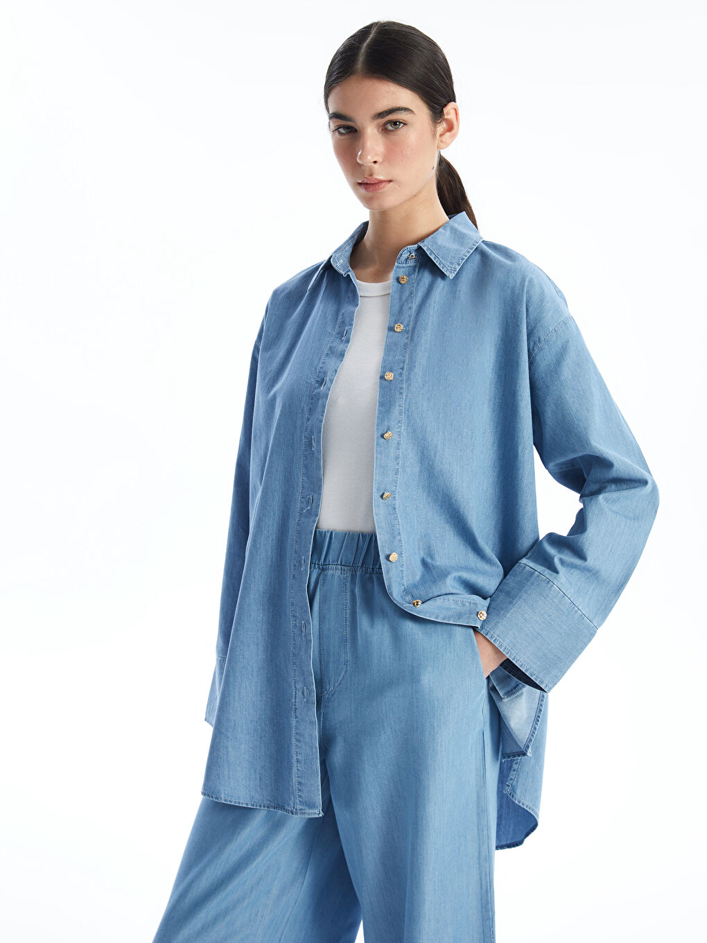İndigo Gömlek Yaka Düz Uzun Kollu Kadın Jean Tunik-1