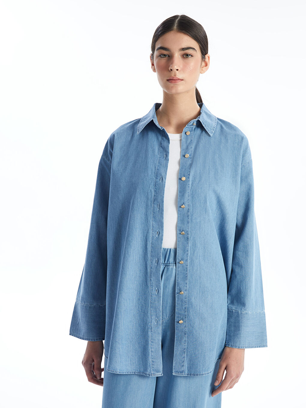 İndigo Gömlek Yaka Düz Uzun Kollu Kadın Jean Tunik-3