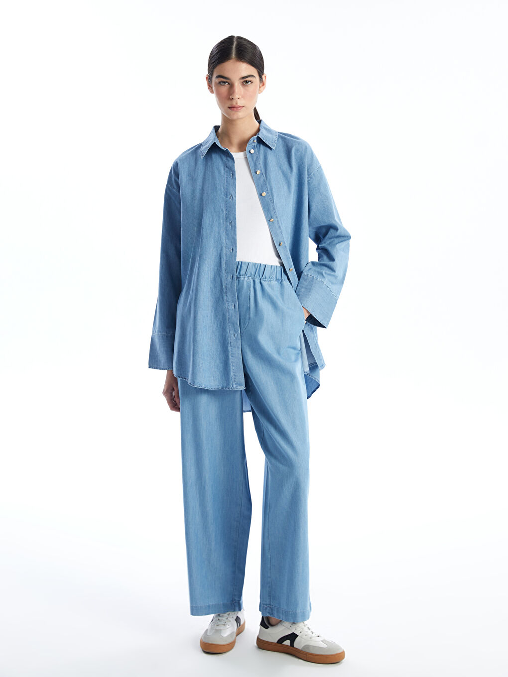 İndigo Gömlek Yaka Düz Uzun Kollu Kadın Jean Tunik-5