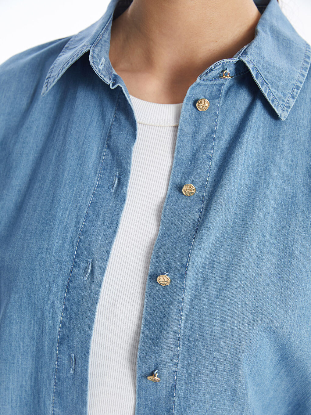 İndigo Gömlek Yaka Düz Uzun Kollu Kadın Jean Tunik-7