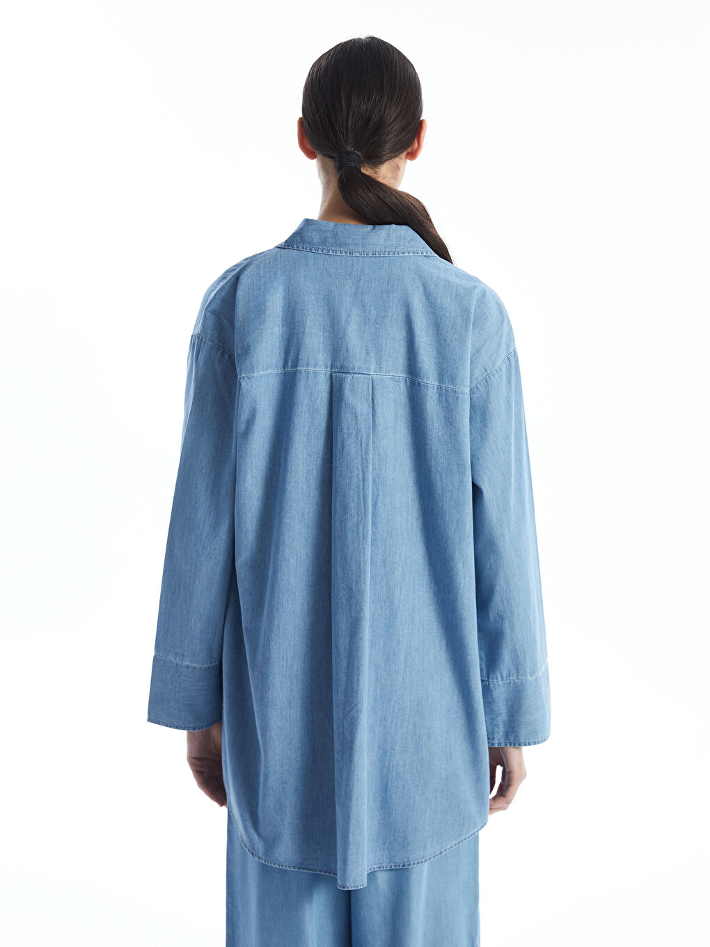 İndigo Gömlek Yaka Düz Uzun Kollu Kadın Jean Tunik-8