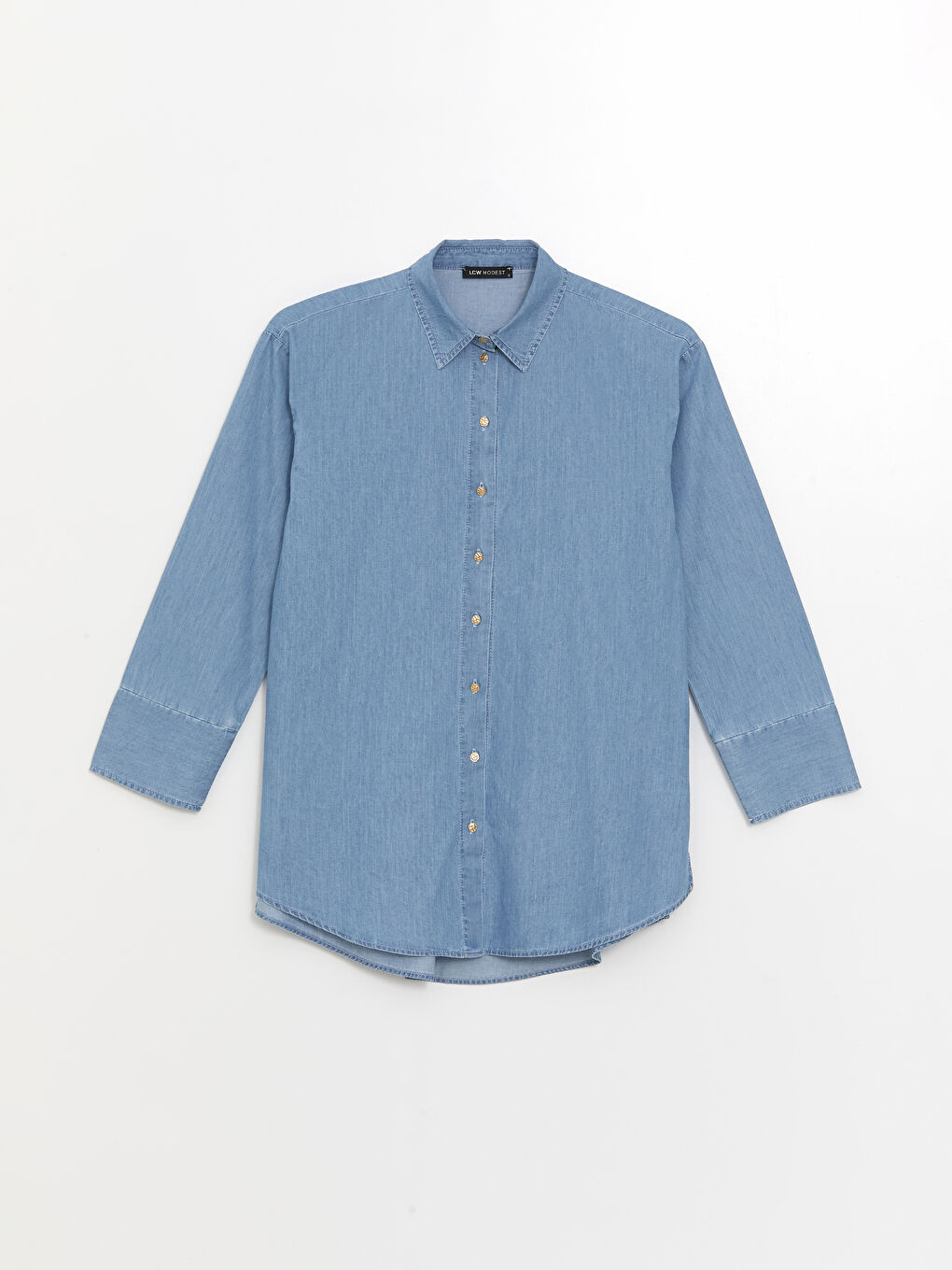 İndigo Gömlek Yaka Düz Uzun Kollu Kadın Jean Tunik-9