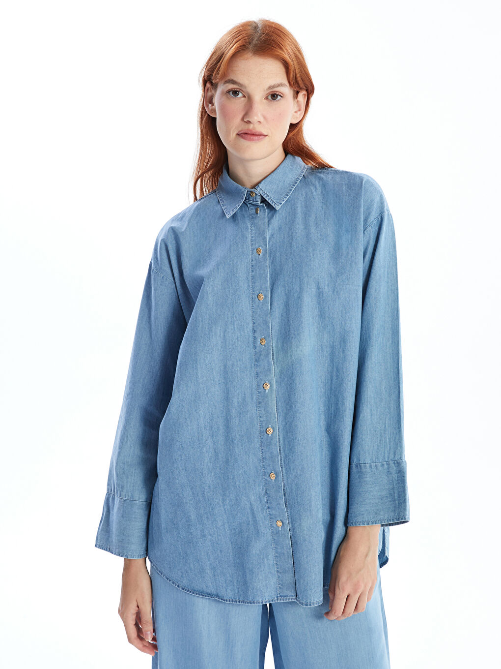 İndigo Gömlek Yaka Düz Uzun Kollu Kadın Jean Tunik