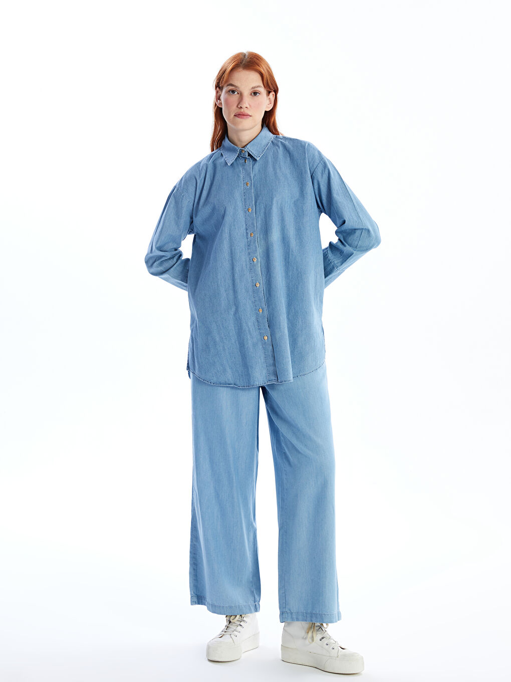 İndigo Gömlek Yaka Düz Uzun Kollu Kadın Jean Tunik-2