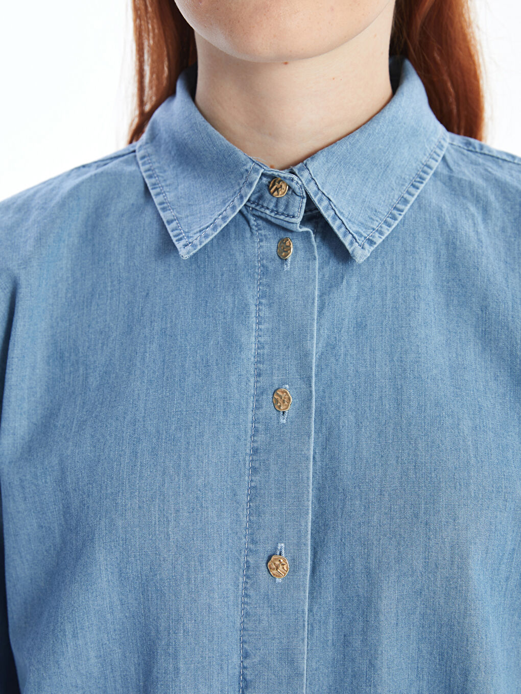 İndigo Gömlek Yaka Düz Uzun Kollu Kadın Jean Tunik-4