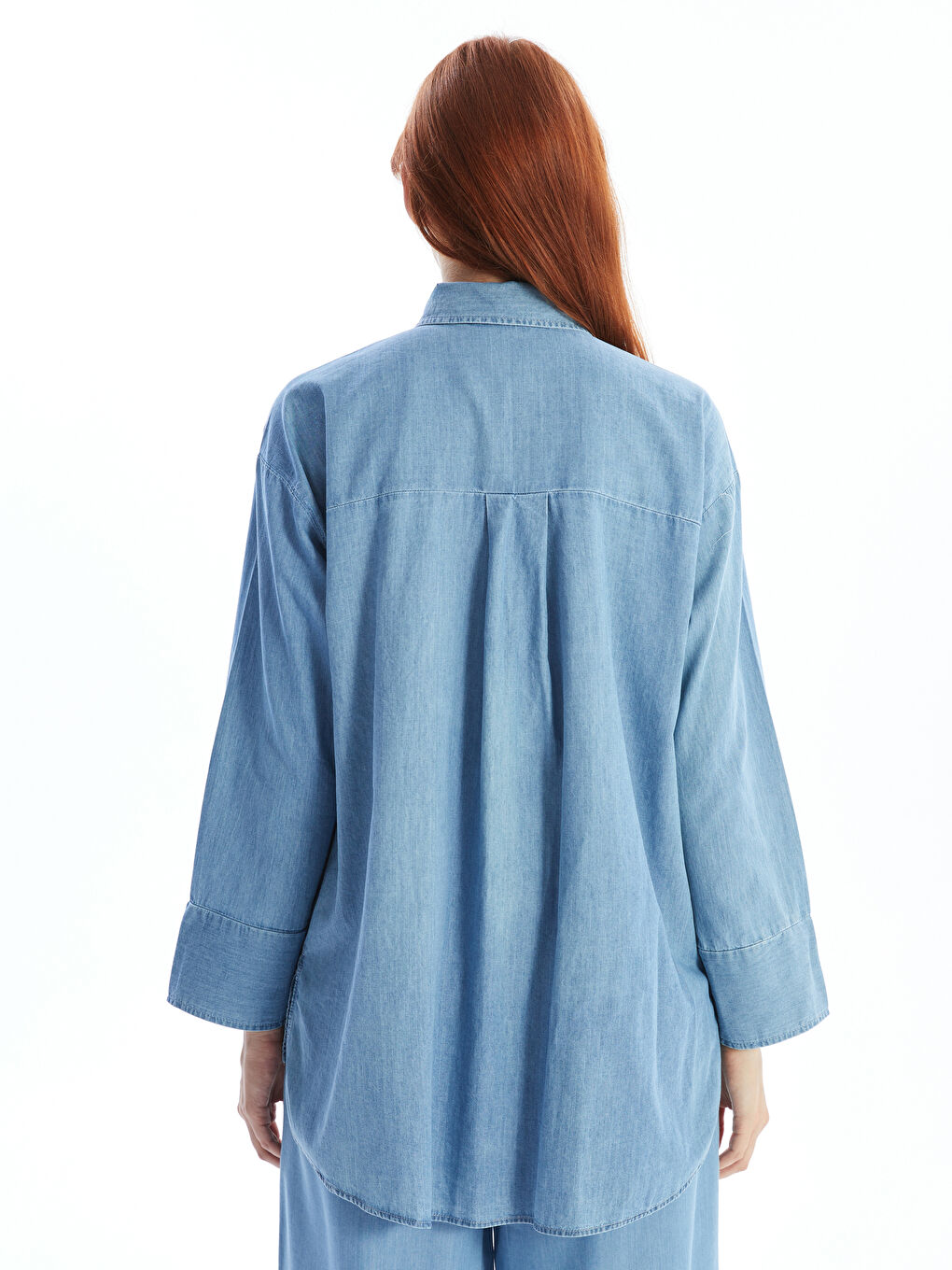İndigo Gömlek Yaka Düz Uzun Kollu Kadın Jean Tunik-6
