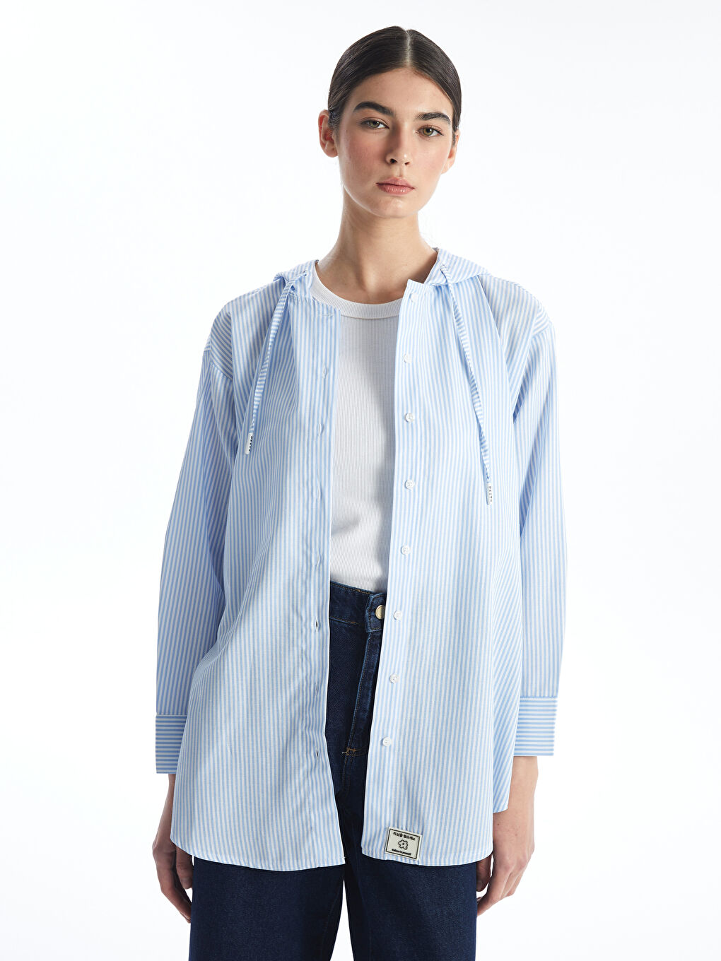 Mavi Kapüşonlu Çizgili Oversize Kadın Gömlek Tunik