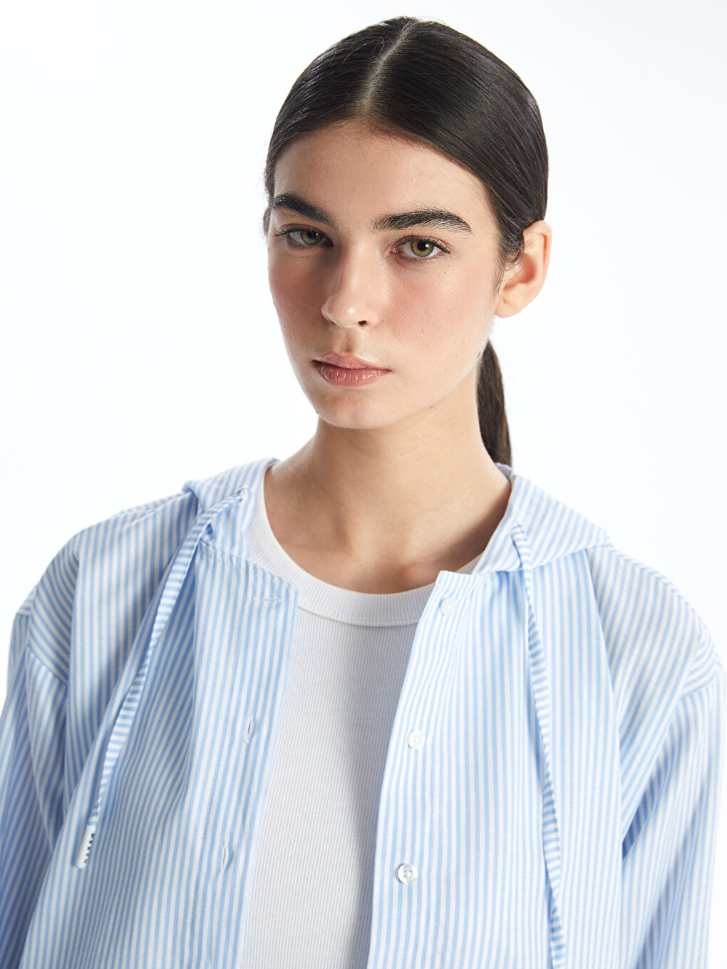 Mavi Kapüşonlu Çizgili Oversize Kadın Gömlek Tunik-1