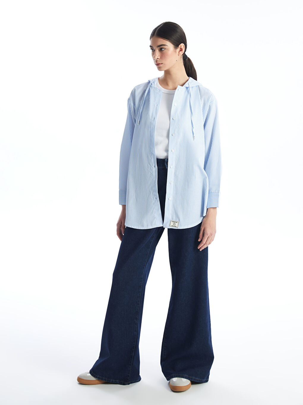 Mavi Kapüşonlu Çizgili Oversize Kadın Gömlek Tunik-2