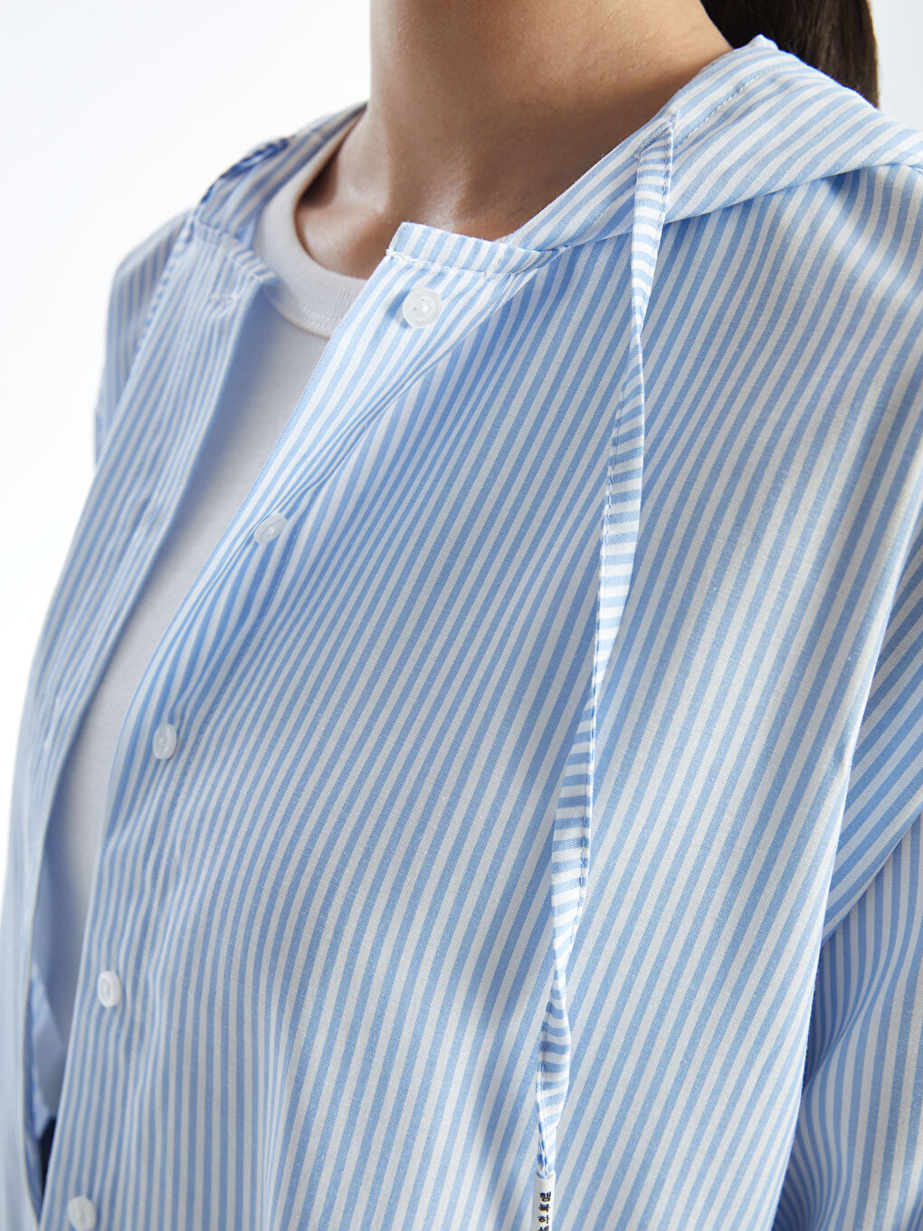 Mavi Kapüşonlu Çizgili Oversize Kadın Gömlek Tunik-3