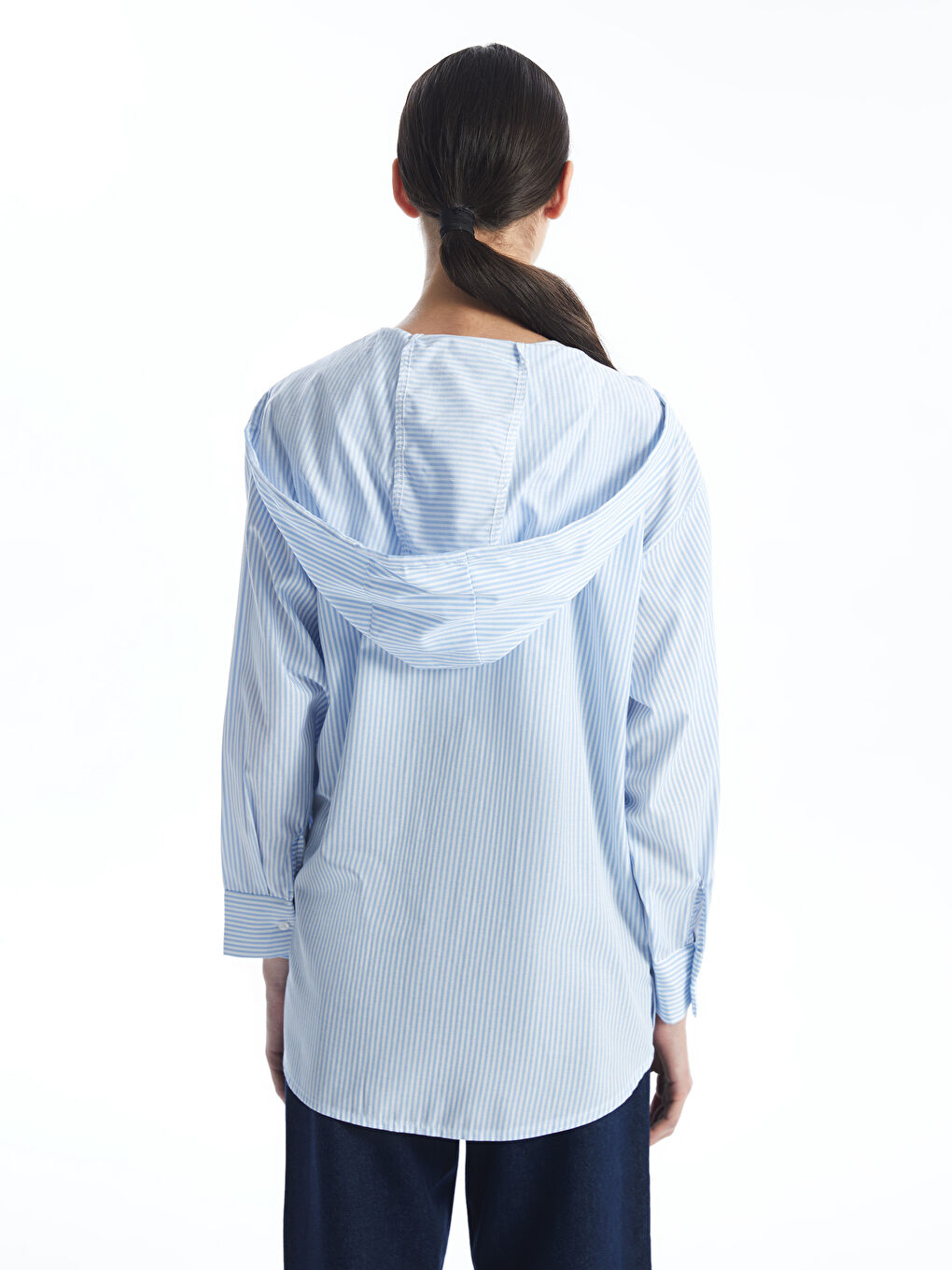 Mavi Kapüşonlu Çizgili Oversize Kadın Gömlek Tunik-4