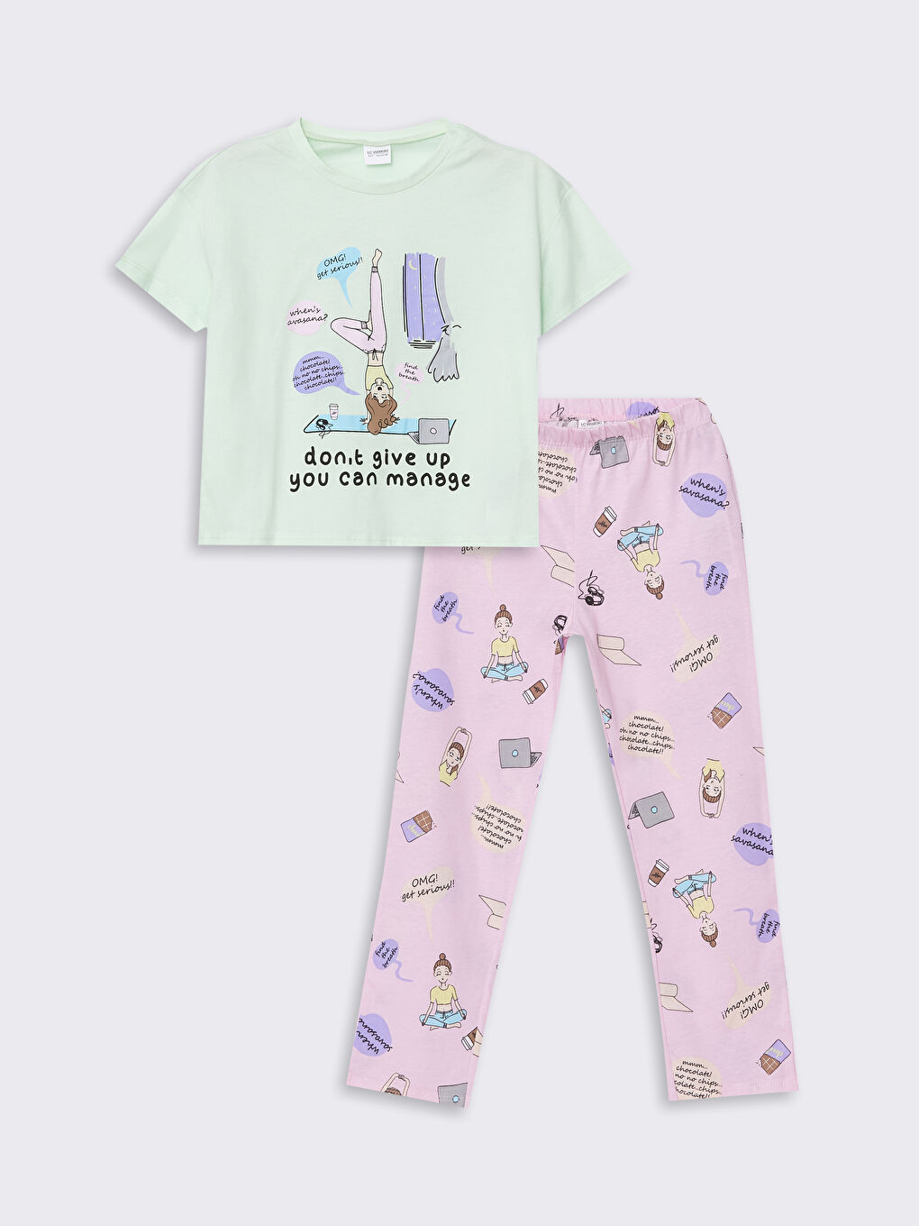 LCW Kids Pastel Yeşil Bisiklet Yaka Baskılı Kısa Kollu Kız Çocuk Pijama Takımı