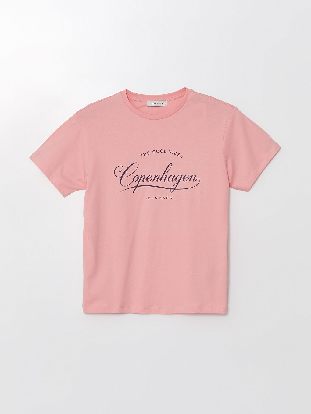 Pembe Bisiklet Yaka Baskılı Kısa Kollu Kadın Tişört-5