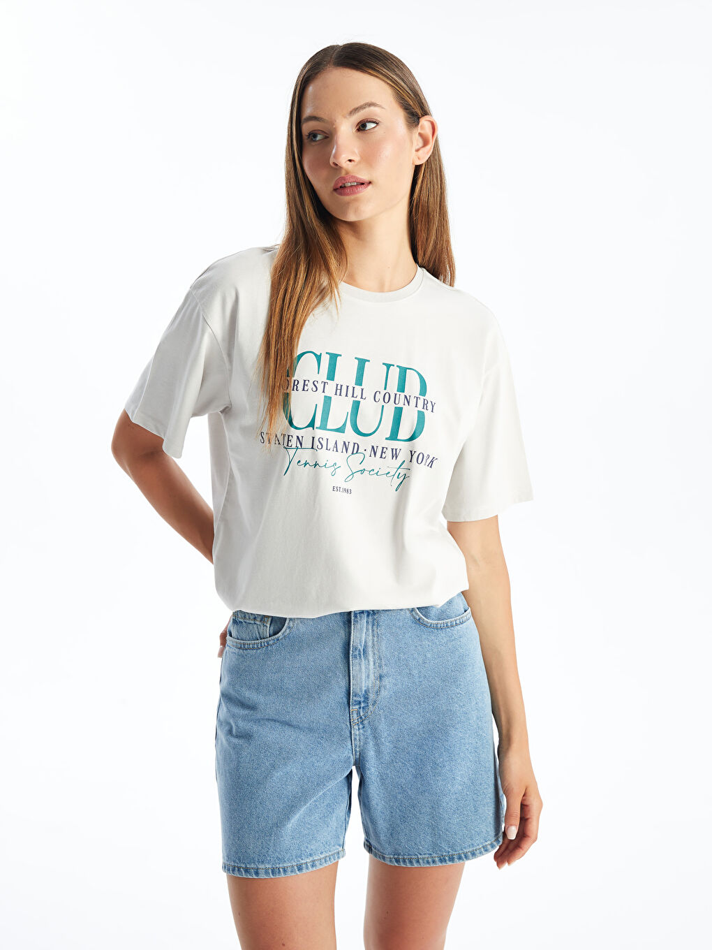 Crew Neck Printed Short Sleeve Oversize Women's T-Shirt -S4LI02Z8-G5H