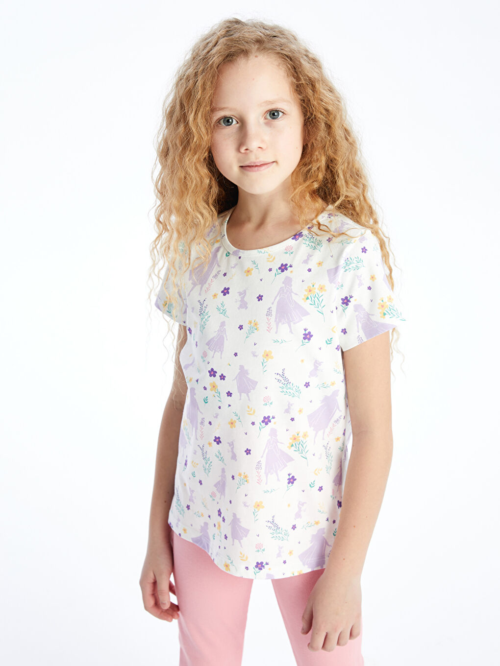 Beyaz Bisiklet Yaka Baskılı Kısa Kollu Kız Çocuk Tişört