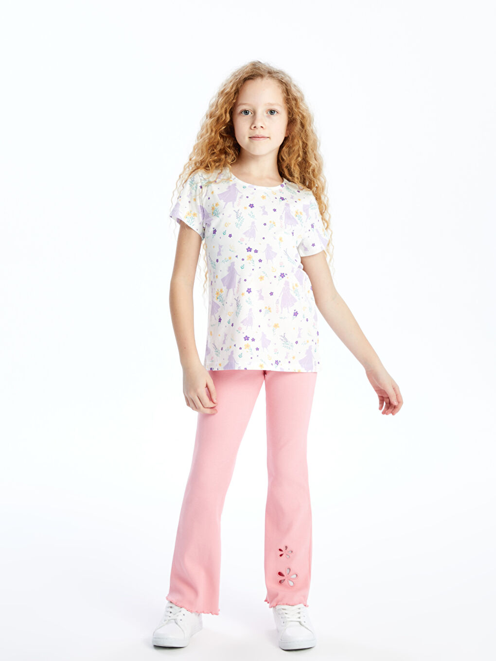 Beyaz Bisiklet Yaka Baskılı Kısa Kollu Kız Çocuk Tişört-1