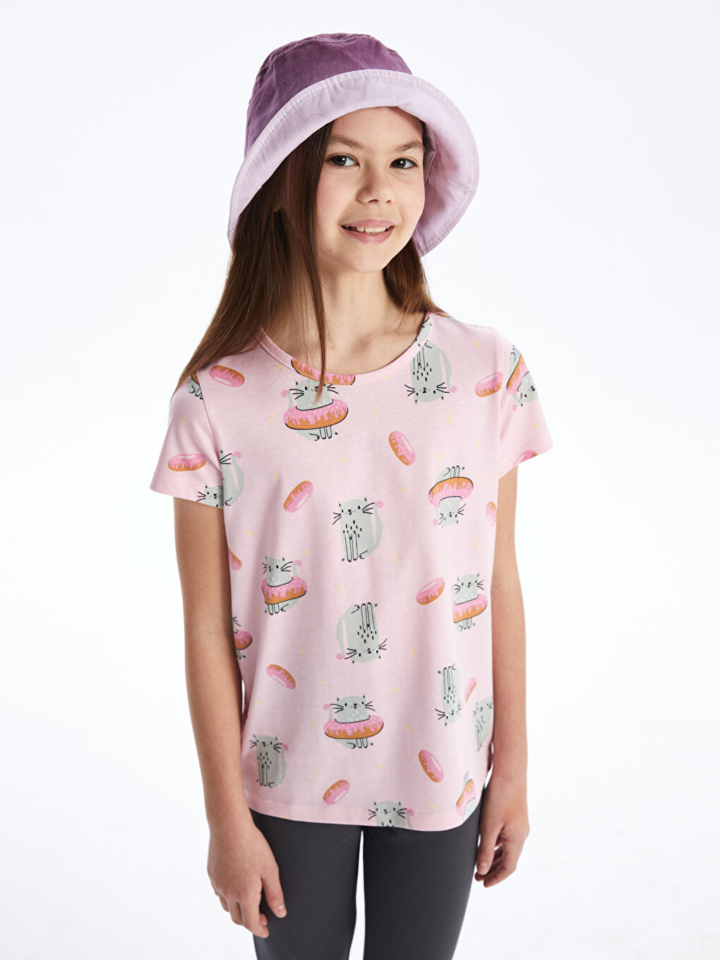 Pembe Bisiklet Yaka Baskılı Kısa Kollu Kız Çocuk Tişört-1