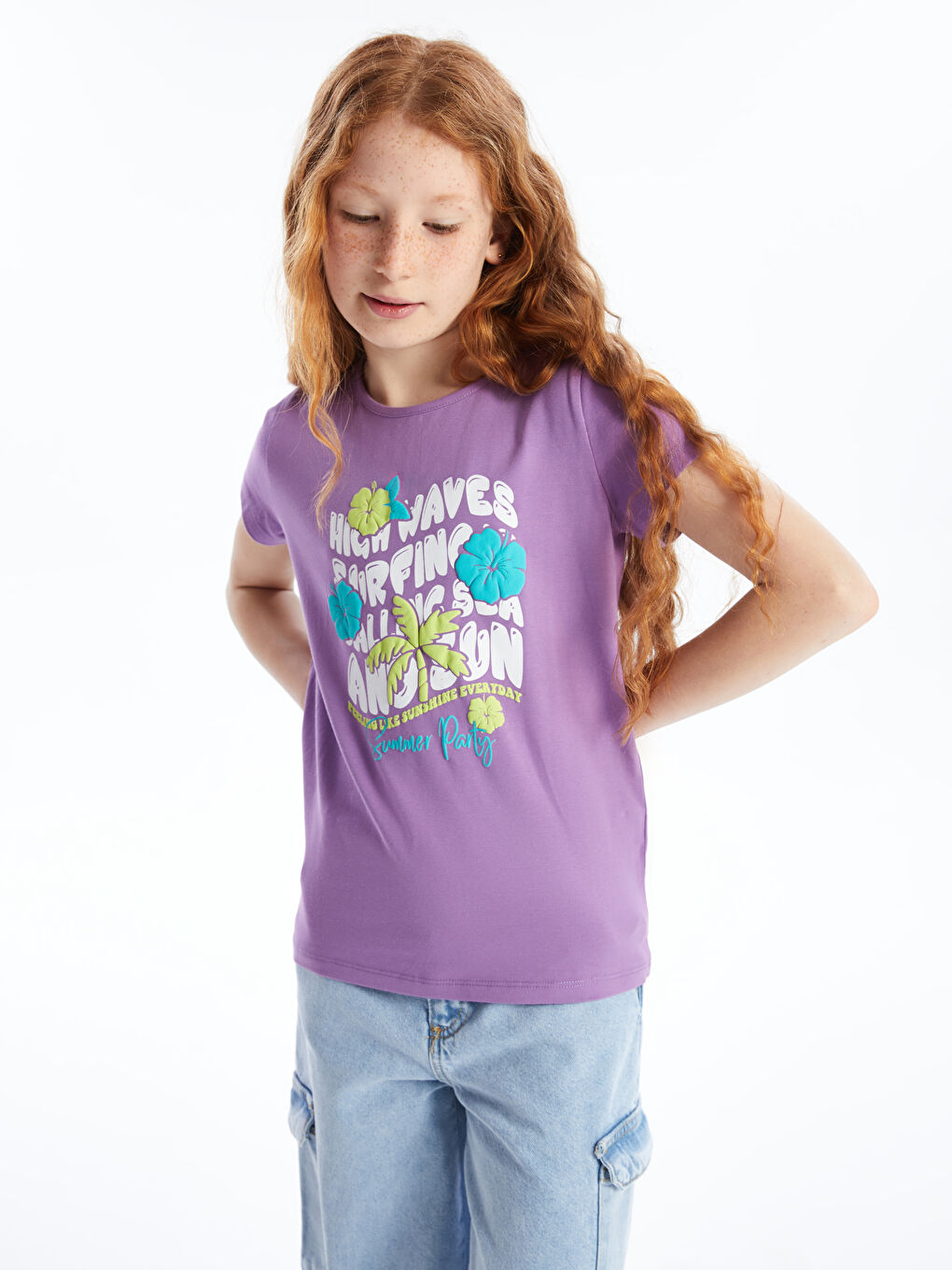 Lila Bisiklet Yaka Baskılı Kısa Kollu Kız Çocuk Tişört