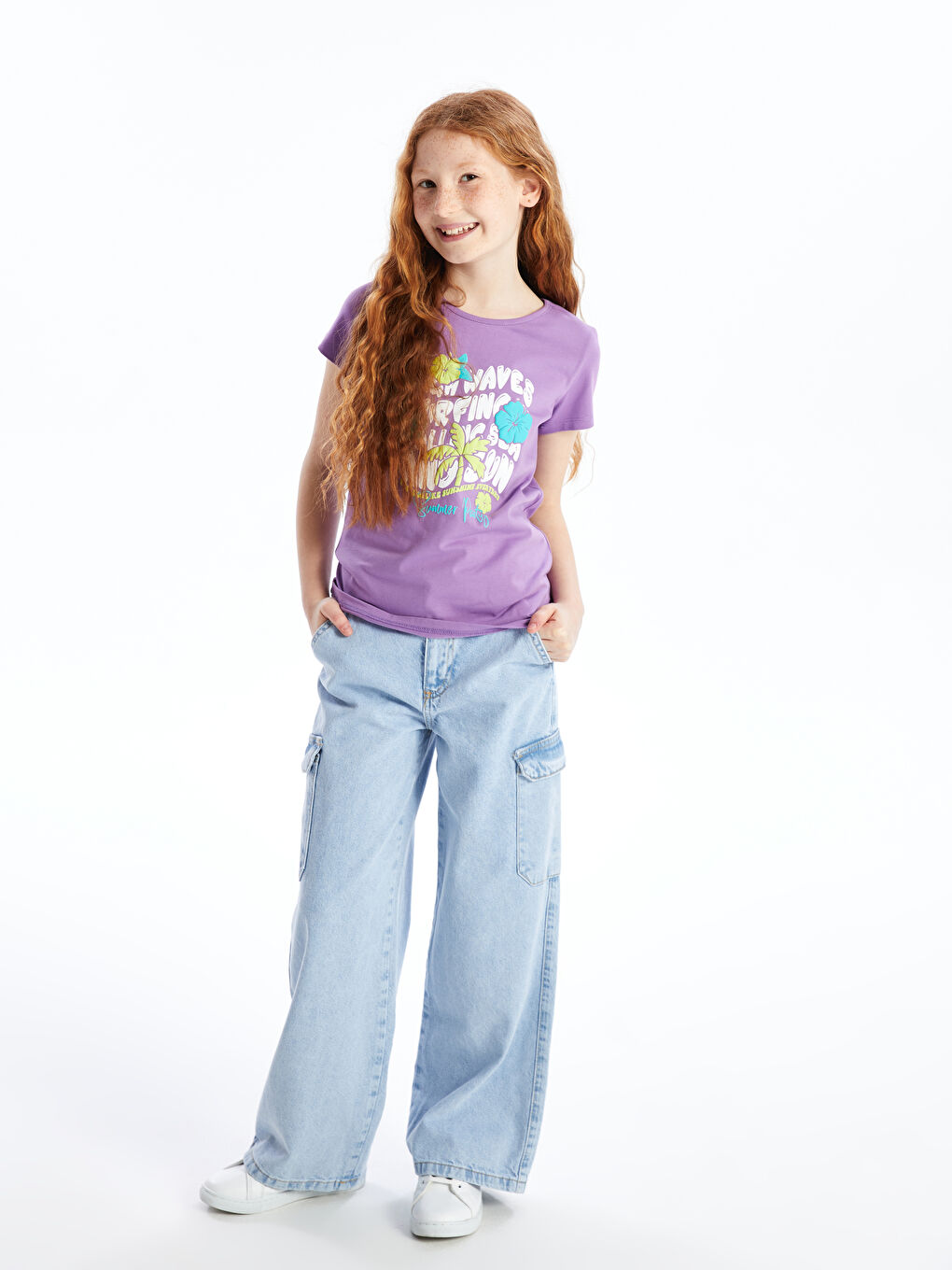 Lila Bisiklet Yaka Baskılı Kısa Kollu Kız Çocuk Tişört-1