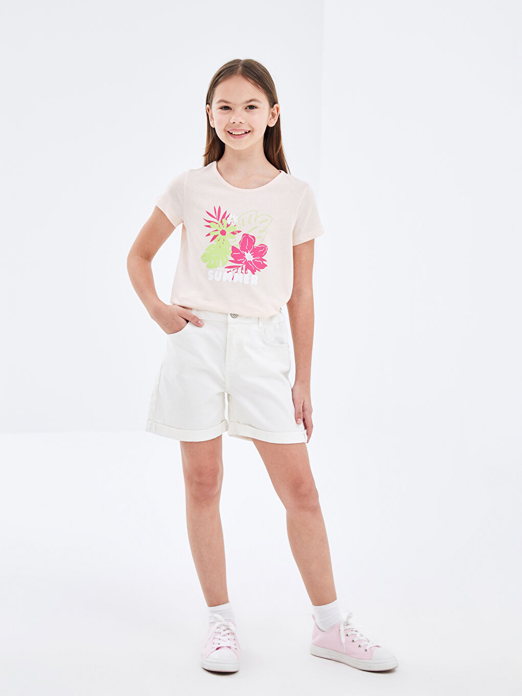 LCW Kids Crew Neck Printed Short Sleeve Girls' T-Shirt -S4LI22Z4-JSK