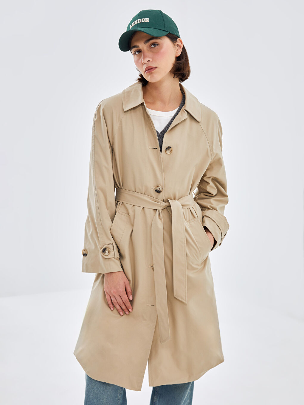 Women's Shirt Collar Plain Trench Coat -S4LI39Z8-SKQ
