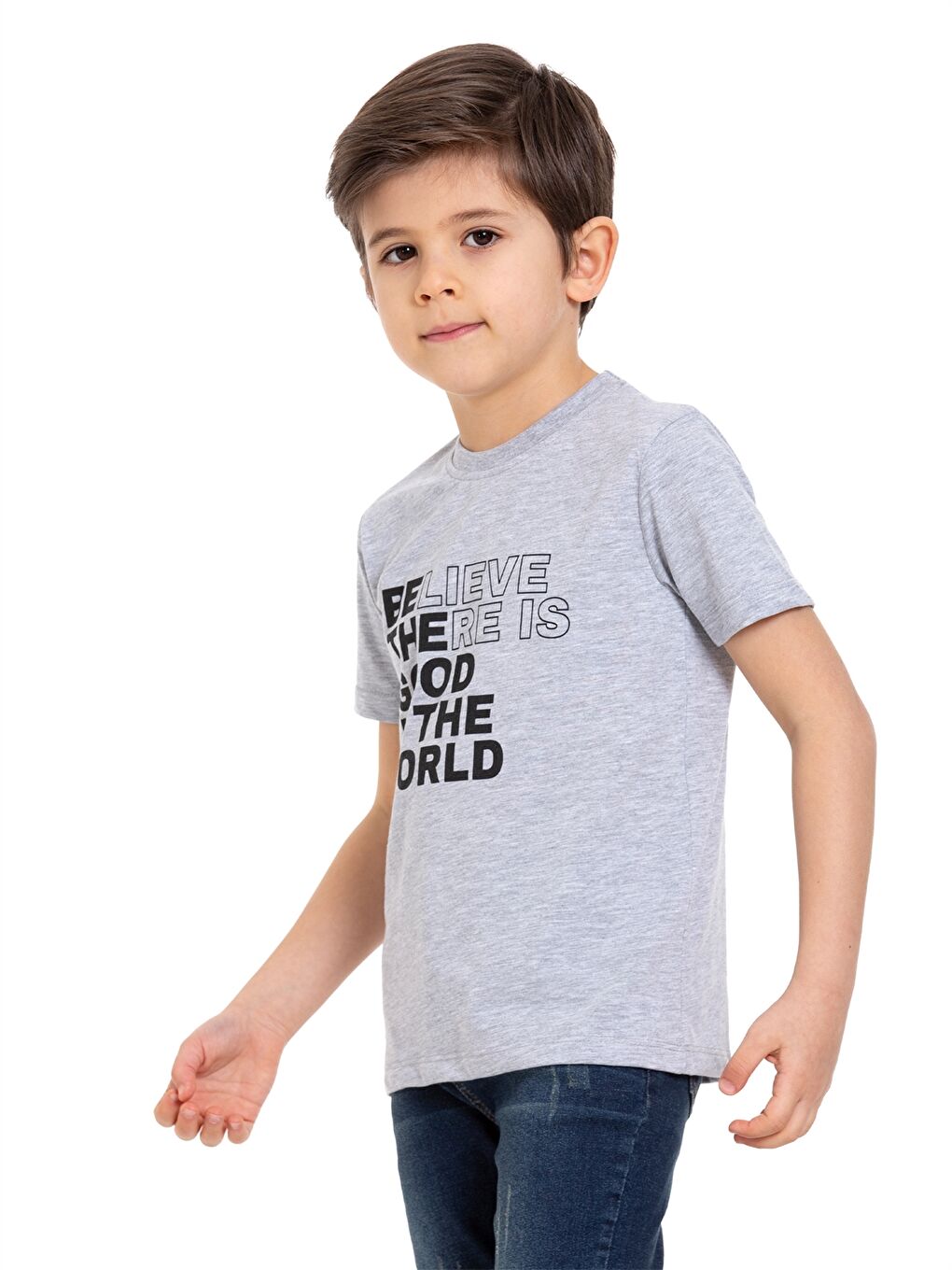 Gri Bisiklet Yaka Kısa Kollu Baskılı Erkek Çocuk Tişört-2