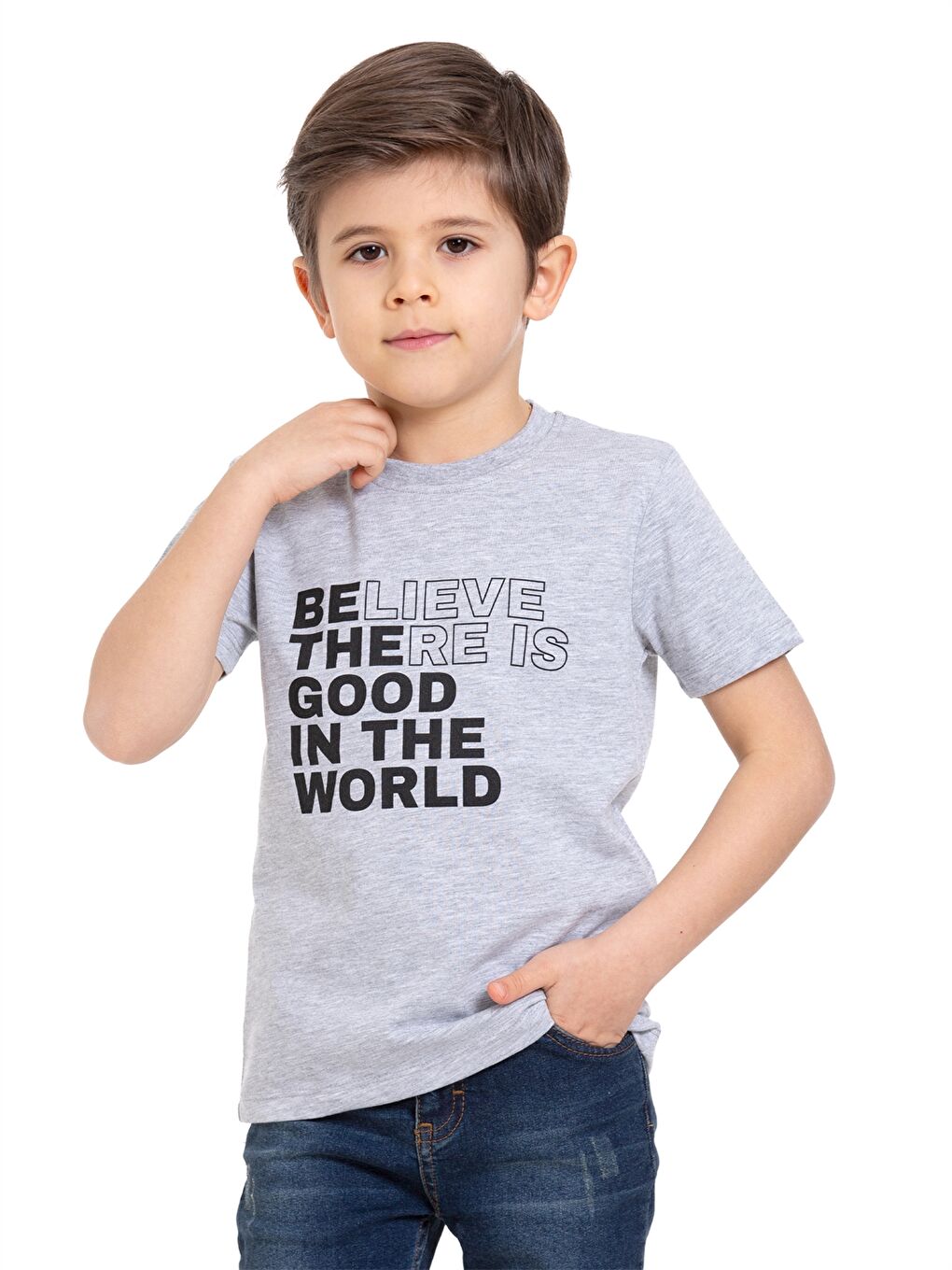 Gri Bisiklet Yaka Kısa Kollu Baskılı Erkek Çocuk Tişört-3