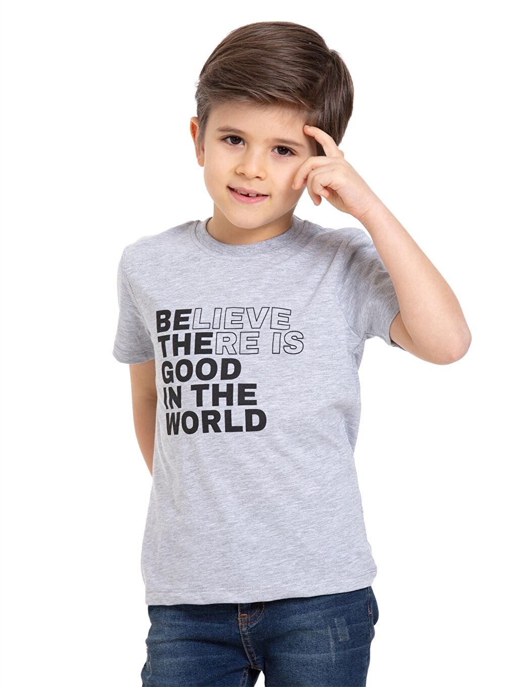 Gri Bisiklet Yaka Kısa Kollu Baskılı Erkek Çocuk Tişört-4