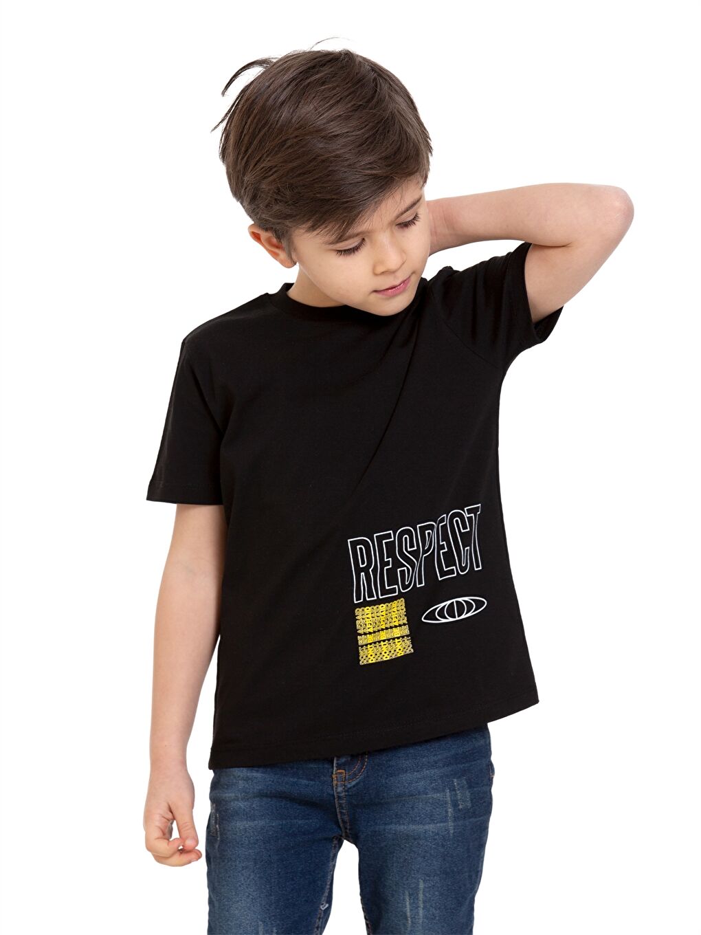 Siyah Bisiklet Yaka Kısa Kollu Erkek Çocuk Tişört-1