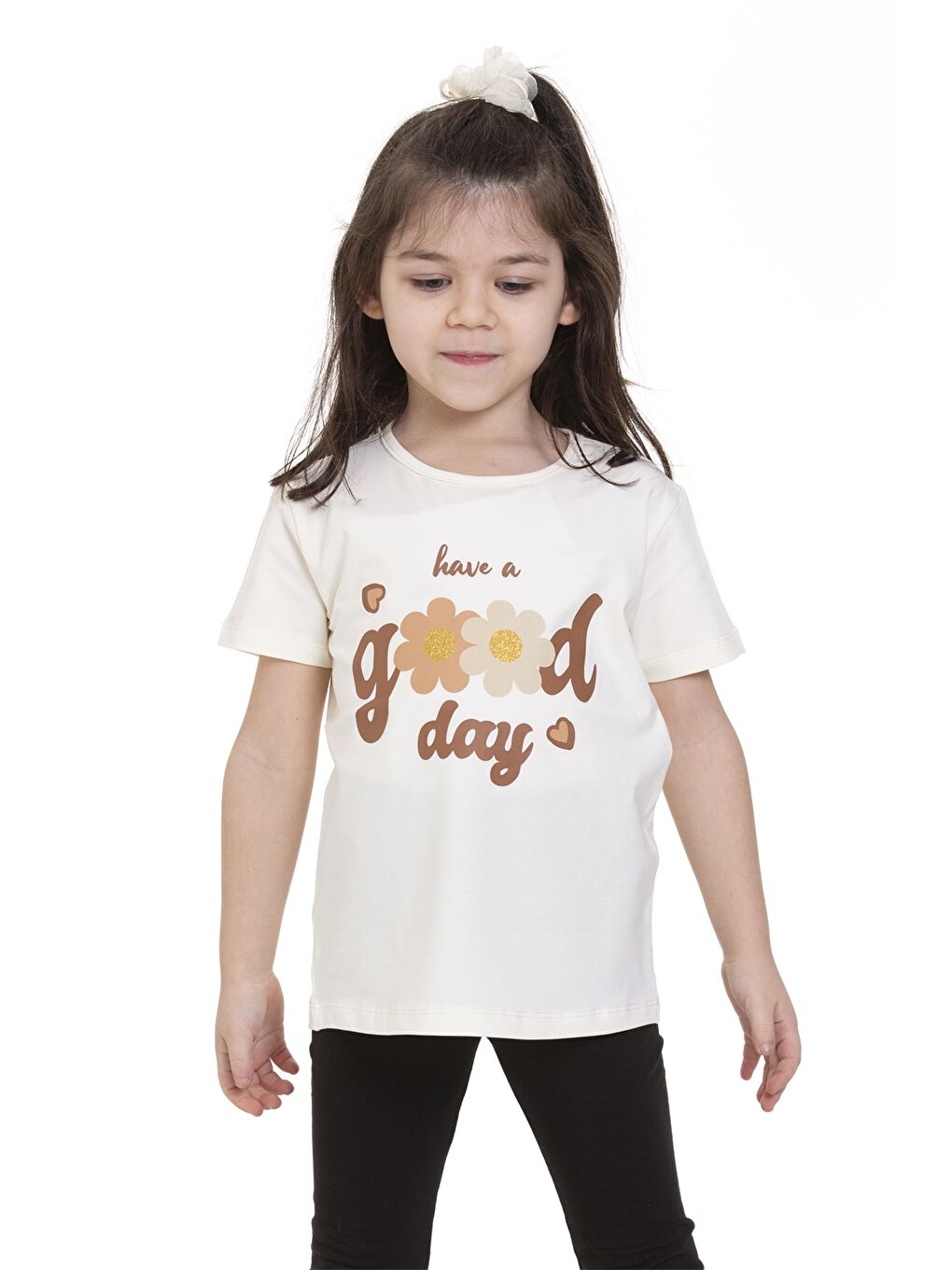 Ekru Bisiklet Yaka Baskılı Kız Çocuk Tişört