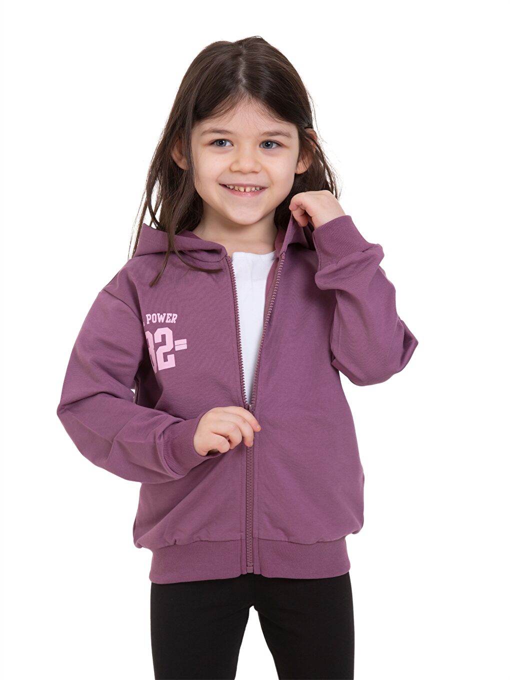 Mor Baskılı Uzun Kollu Kız Çocuk Fermuarlı Sweatshirt