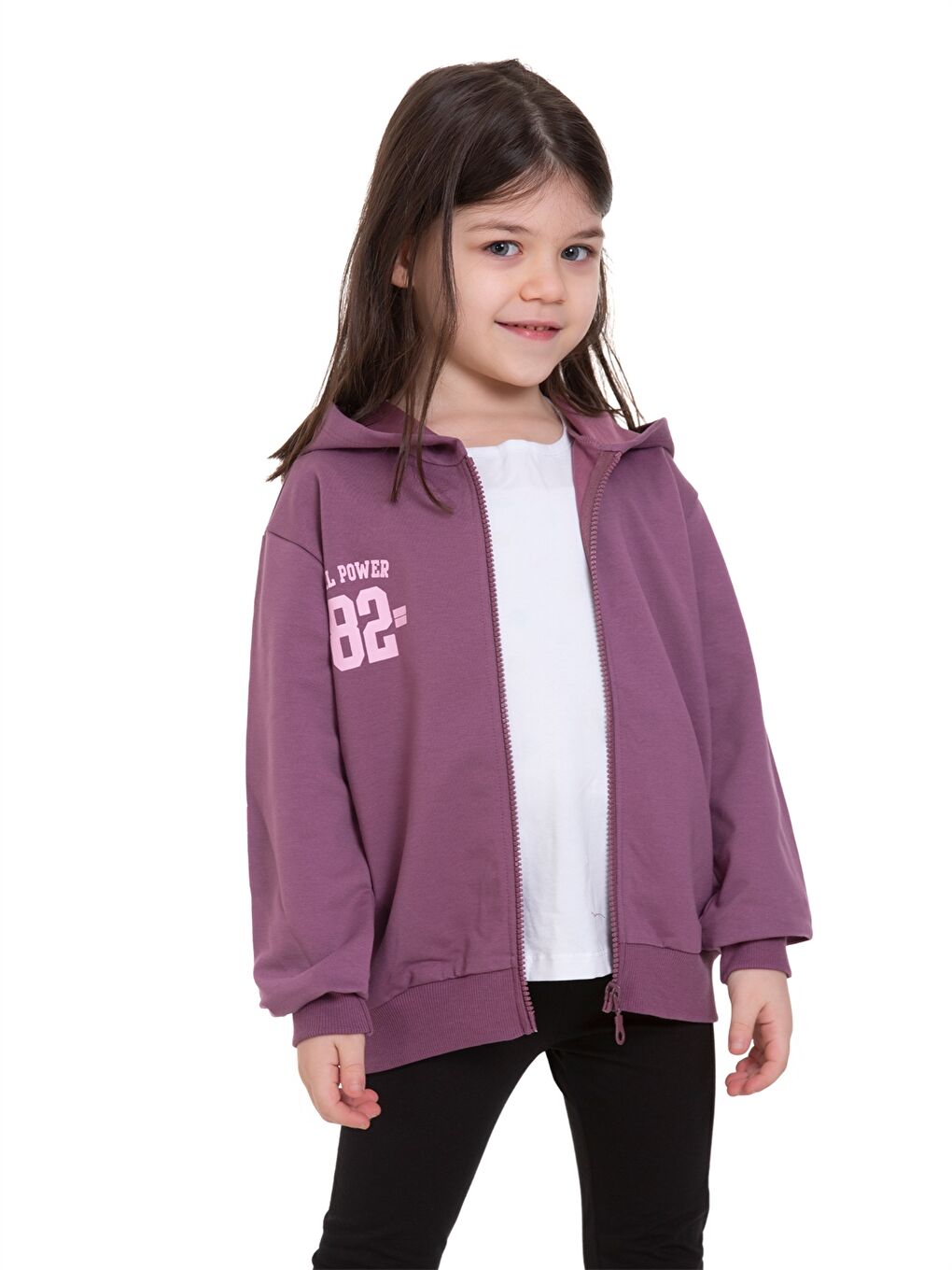 Mor Baskılı Uzun Kollu Kız Çocuk Fermuarlı Sweatshirt-1