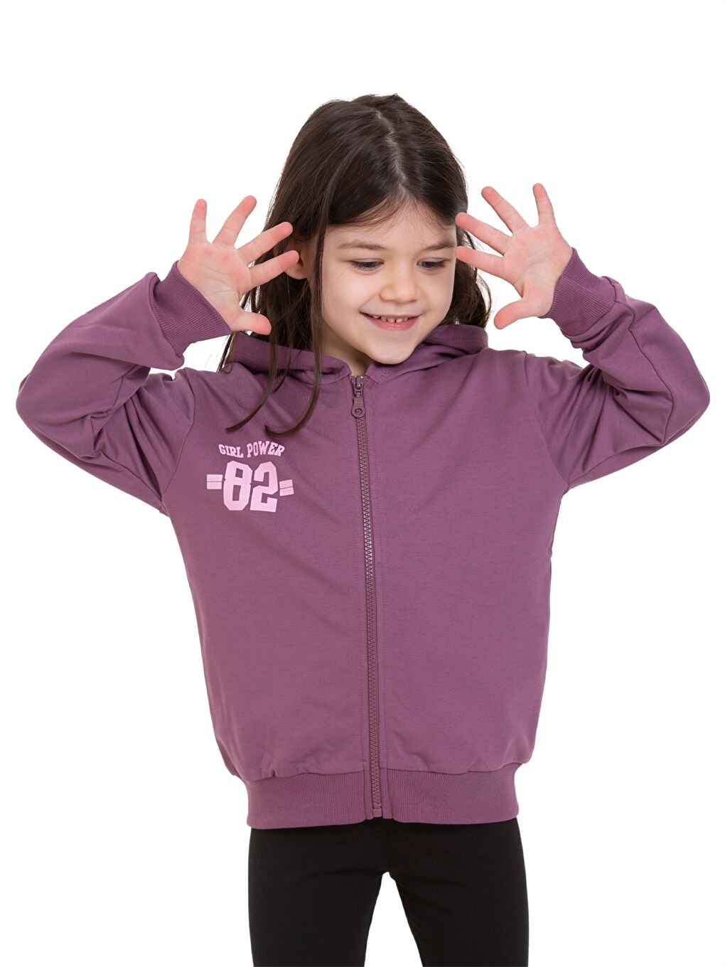Mor Baskılı Uzun Kollu Kız Çocuk Fermuarlı Sweatshirt-2