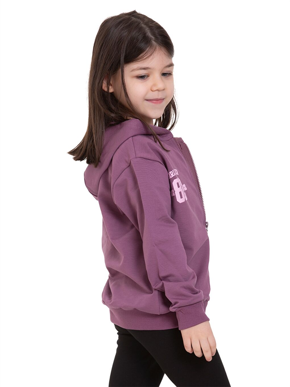 Mor Baskılı Uzun Kollu Kız Çocuk Fermuarlı Sweatshirt-3