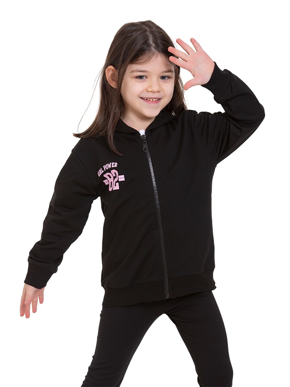 Siyah Baskılı Uzun Kollu Kız Çocuk Fermuarlı Sweatshirt